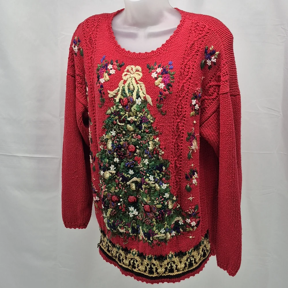 Vintage Tiara International Red Embroidered Beaded Christmas Tree Ugly Sweater L - Picture 3 of 9
